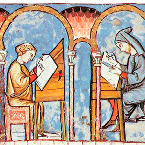 Grabado medieval de la escuela de traductores de Toledo, donde dos hombres trducen sendos manuscritos en sus escritorios